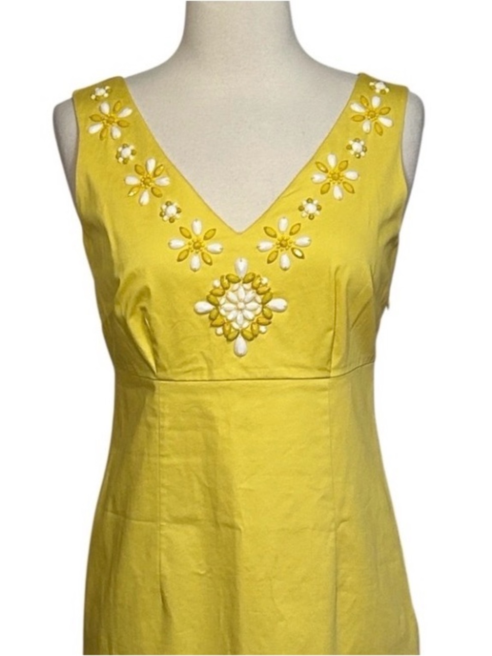 Boden Canary Yellow Midi Floral Embellished Beaded Shift Dress size 4R